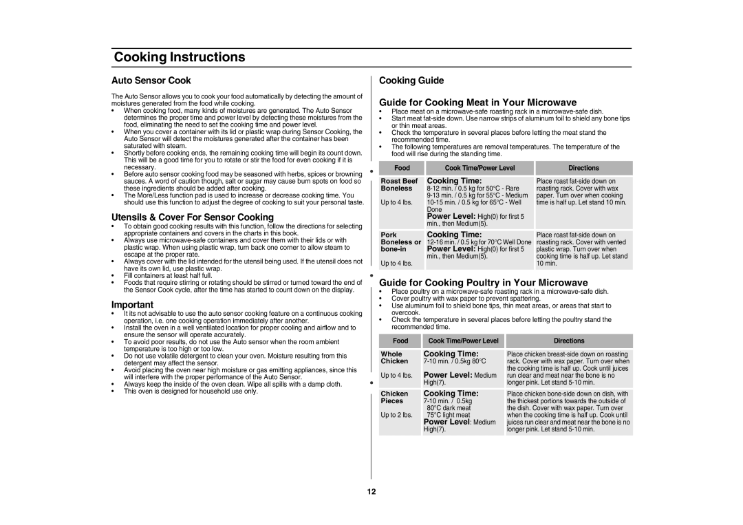 Samsung MS143HCE/XSG Guide for Cooking Meat in Your Microwave, Guide for Cooking Poultry in Your Microwave, Cooking Guide 