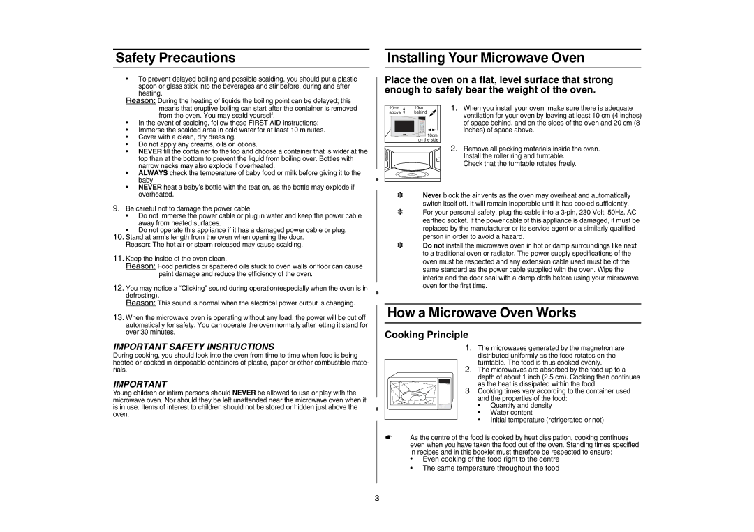 Samsung MS143HCE/XSG manual Safety Precautions, Cooking Principle, When you install your oven, make sure there is adequate 