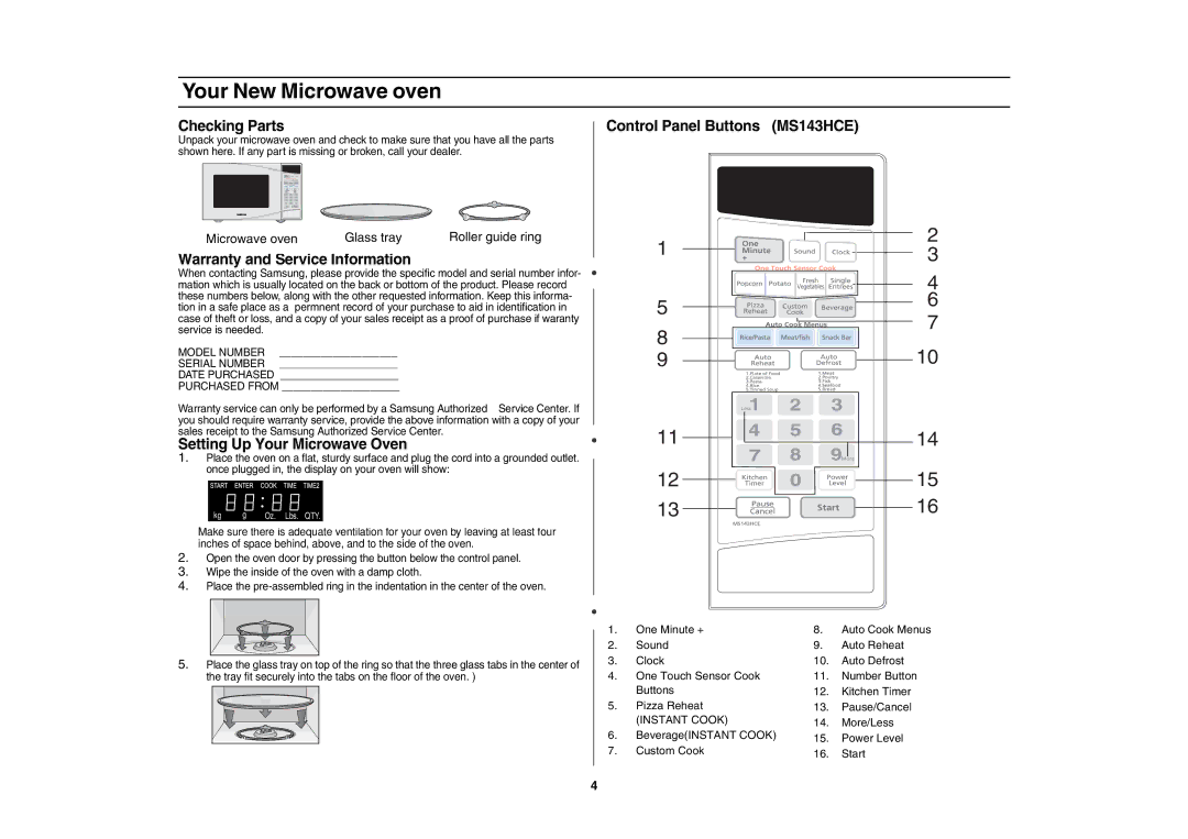 Samsung MS143HCE/XSG manual Your New Microwave oven, Checking Parts, Warranty and Service Information 