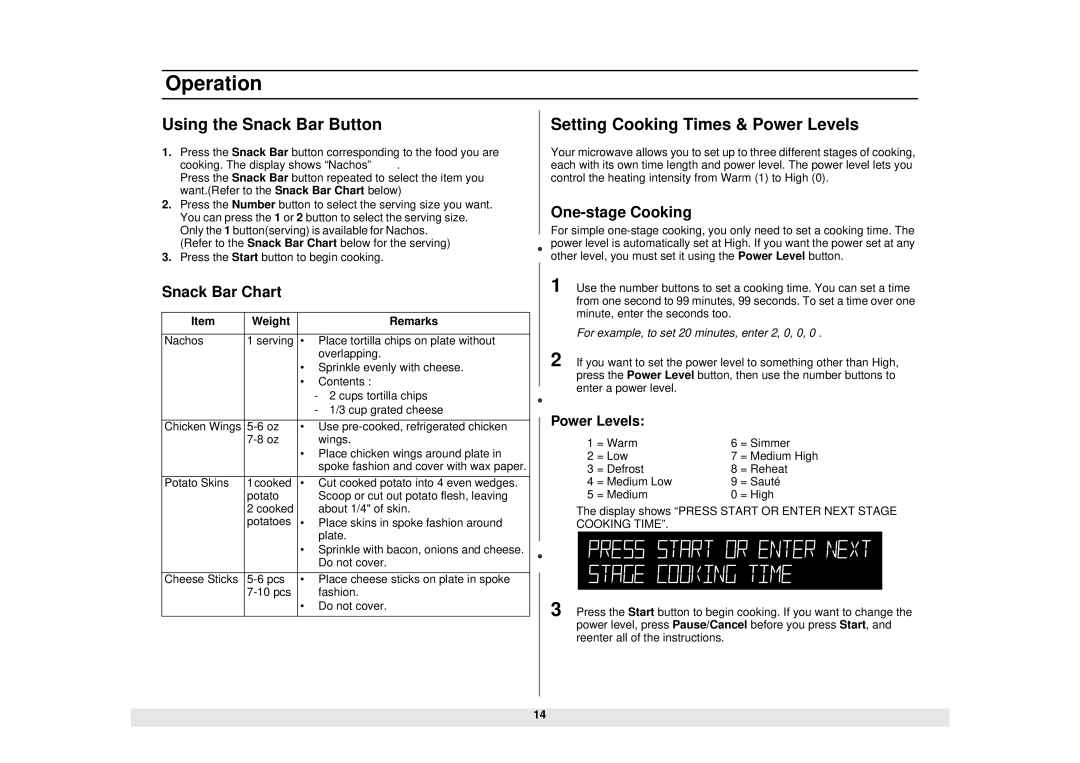 Samsung MS1470WA Using the Snack Bar Button, Setting Cooking Times & Power Levels, Snack Bar Chart, One-stage Cooking 