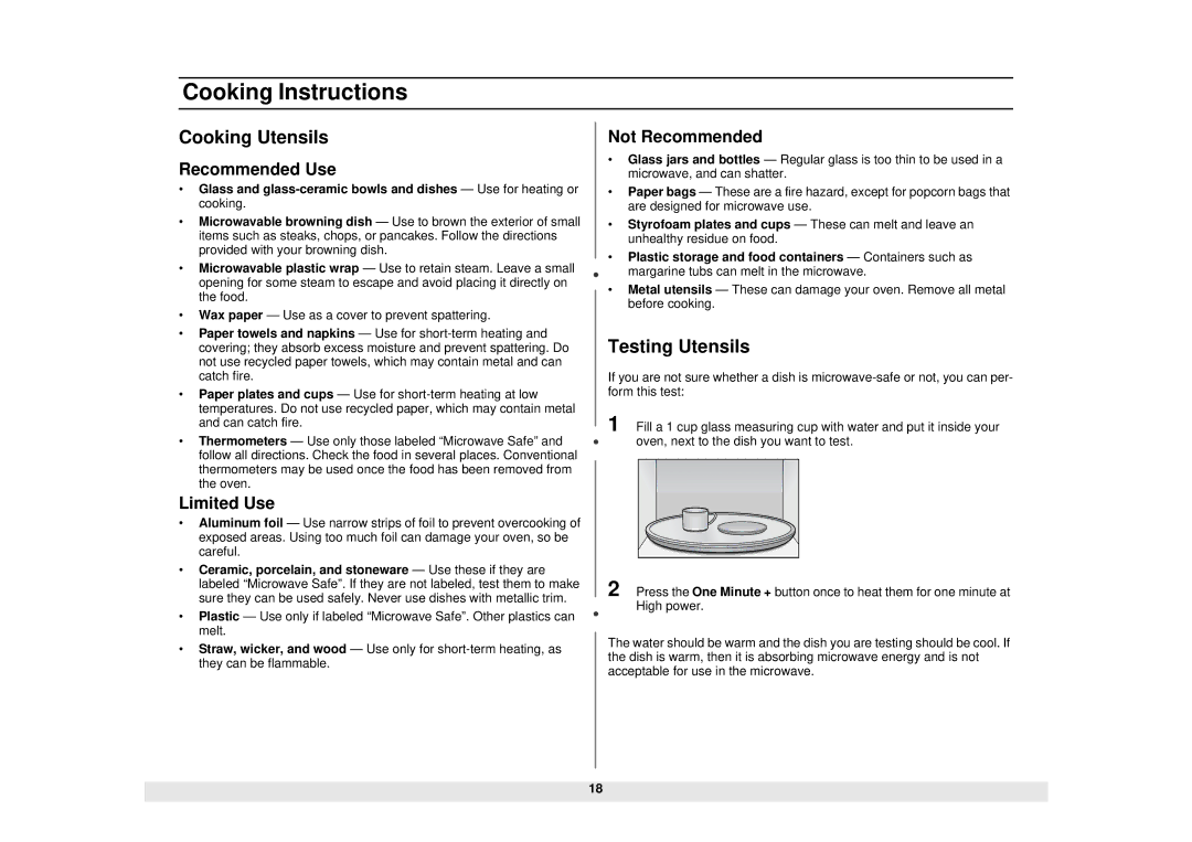 Samsung MS1470WA manual Cooking Instructions, Cooking Utensils, Testing Utensils 