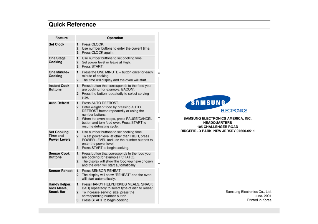 Samsung MS1470WA manual Quick Reference, Oven will start automatically 