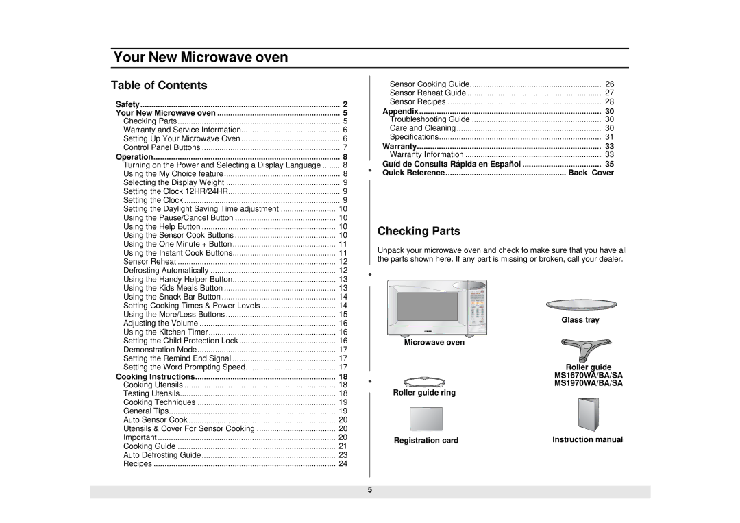 Samsung MS1470WA manual Your New Microwave oven, Table of Contents, Checking Parts 