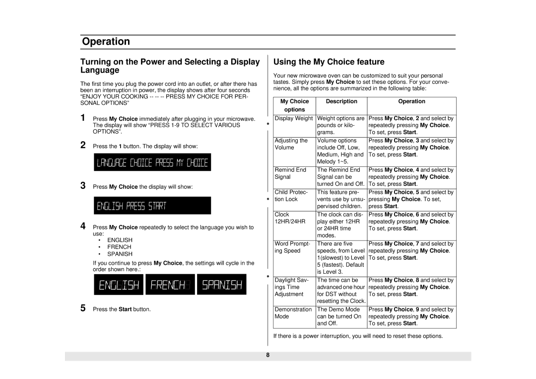 Samsung MS1470WA manual Operation, Turning on the Power and Selecting a Display Language, Using the My Choice feature 