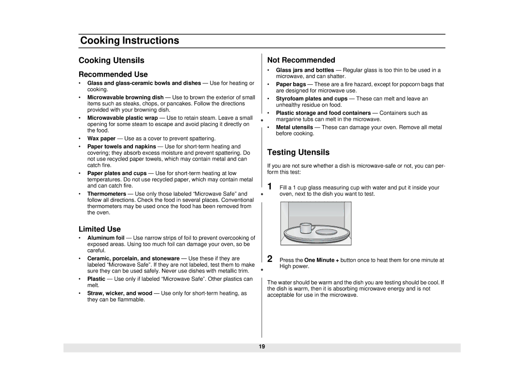 Samsung DE68-02065A, MS1690STA manual Cooking Utensils, Testing Utensils, Recommended Use, Limited Use, Not Recommended 