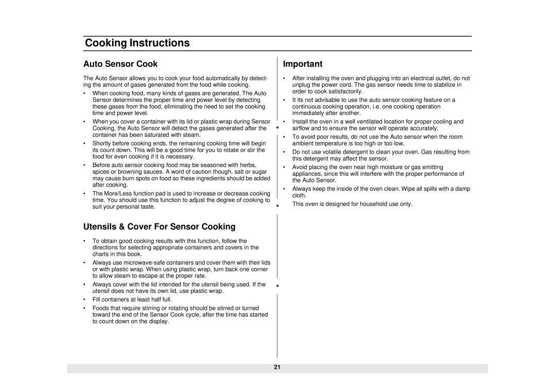 Samsung DE68-02065A, MS1690STA manual Auto Sensor Cook, Utensils & Cover For Sensor Cooking 