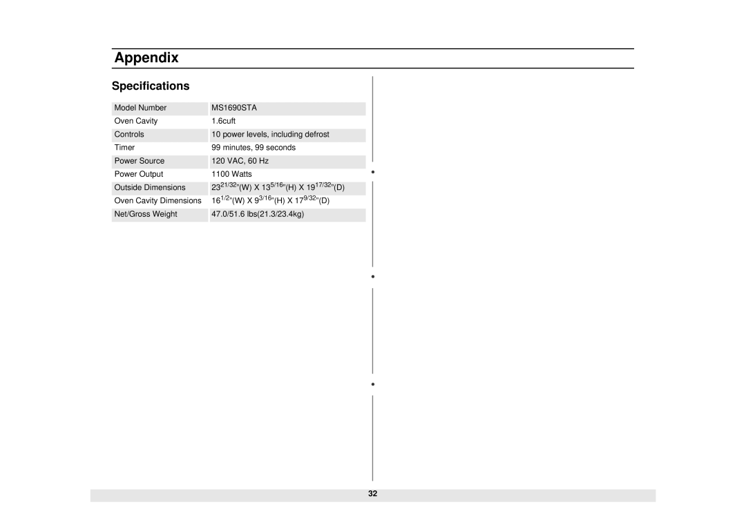 Samsung MS1690STA, DE68-02065A manual Specifications 