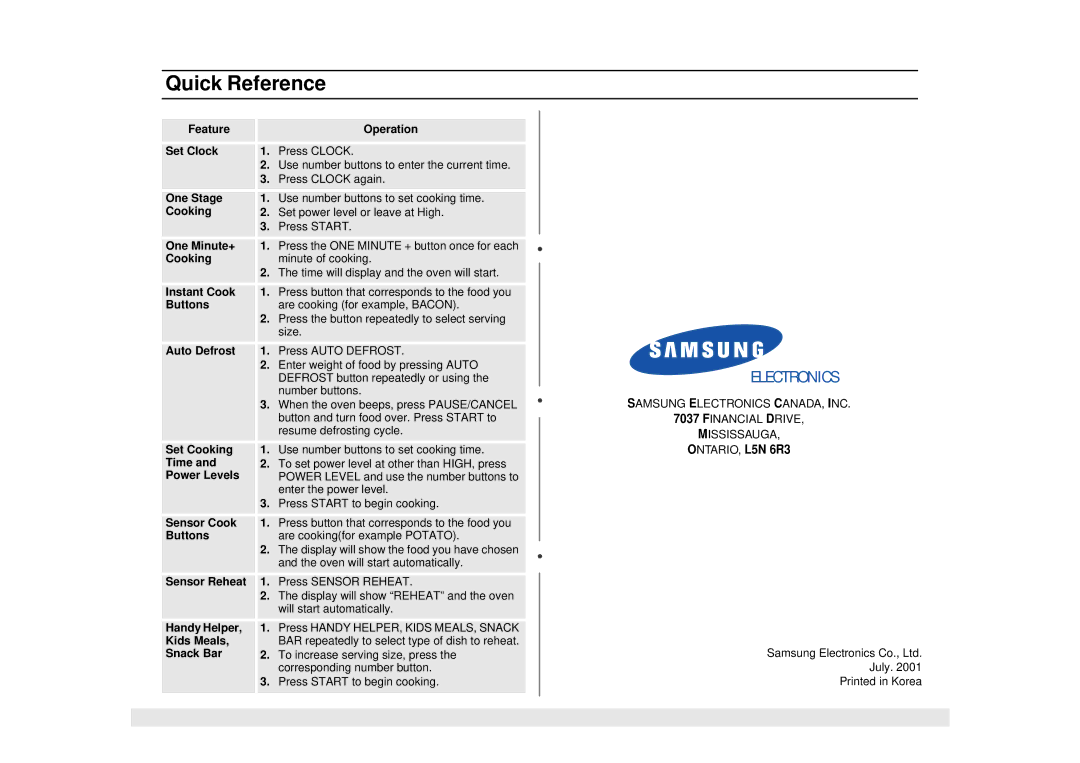 Samsung MS1690STA, DE68-02065A manual Quick Reference, Oven will start automatically 