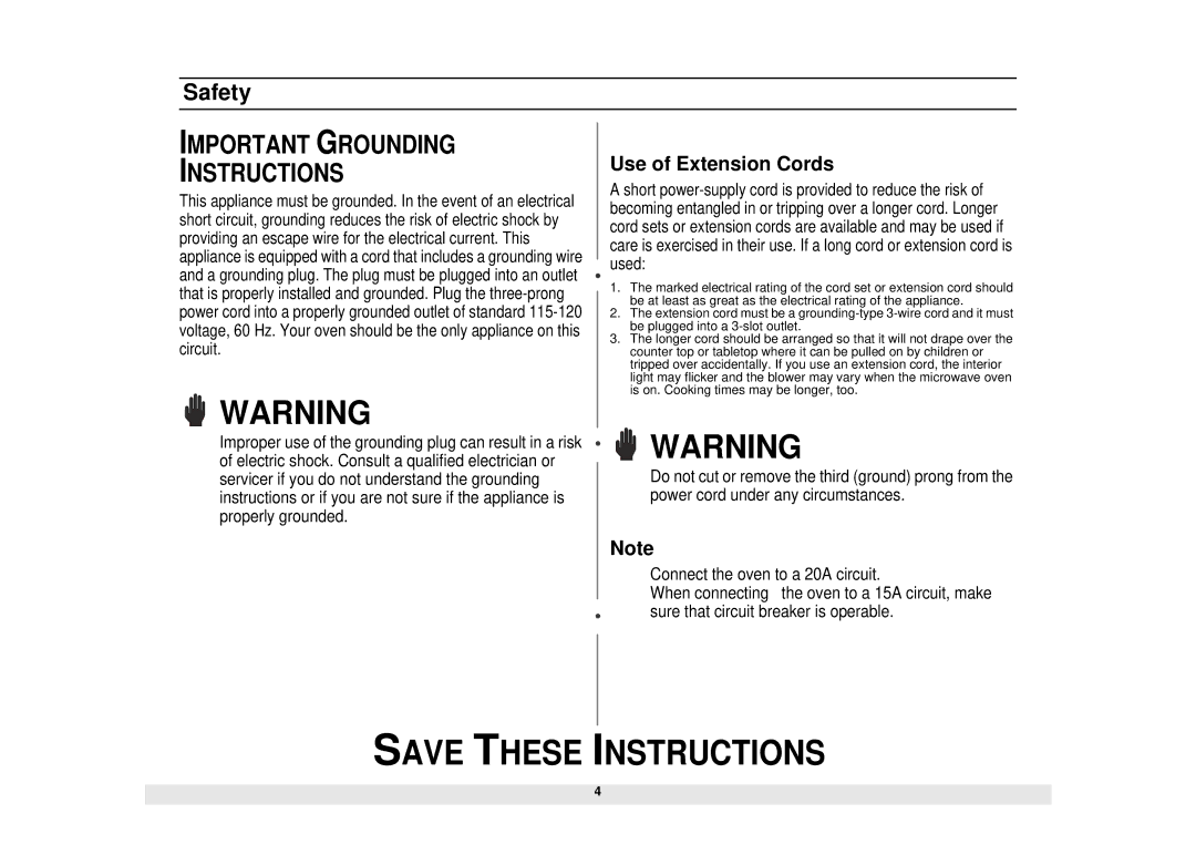 Samsung MS1690STA, DE68-02065A manual Important Grounding Instructions 