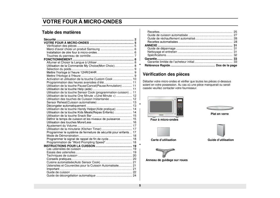 Samsung DE68-02065A, MS1690STA manual Table des matières, Vérification des pièces, Sécurité, Référence Rapide Dos de la 