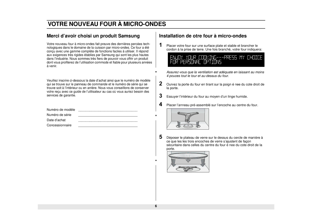 Samsung MS1690STA, DE68-02065A manual Merci d’avoir choisi un produit Samsung, Installation de otre four à micro-ondes 