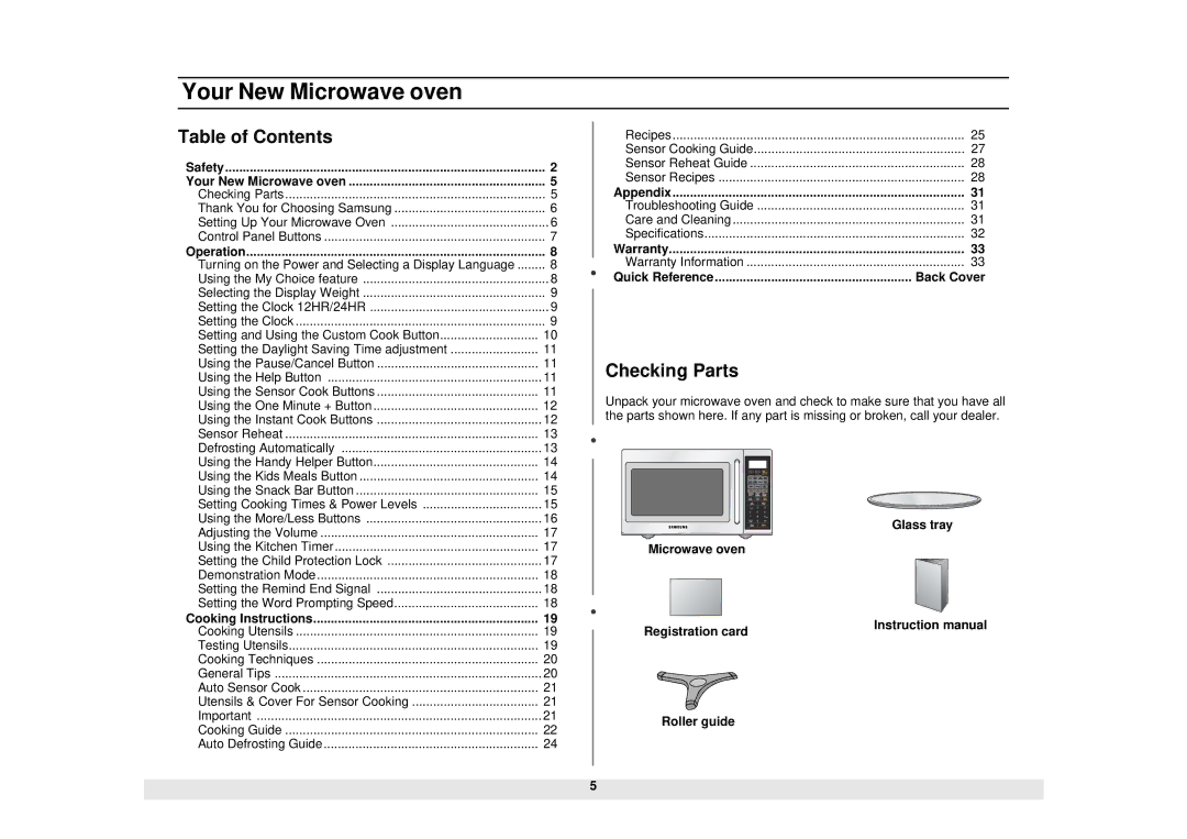 Samsung DE68-02065A, MS1690STA manual Table of Contents, Checking Parts 