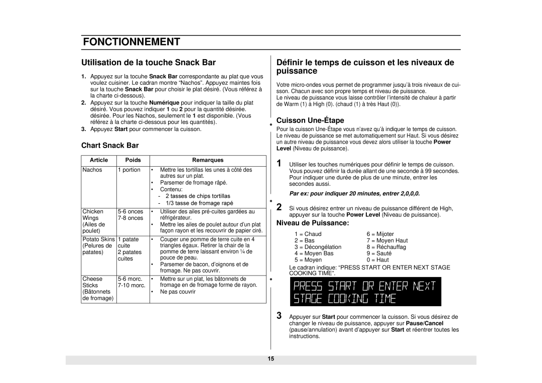 Samsung DE68-02065A, MS1690STA Utilisation de la touche Snack Bar, Définir le temps de cuisson et les niveaux de puissance 