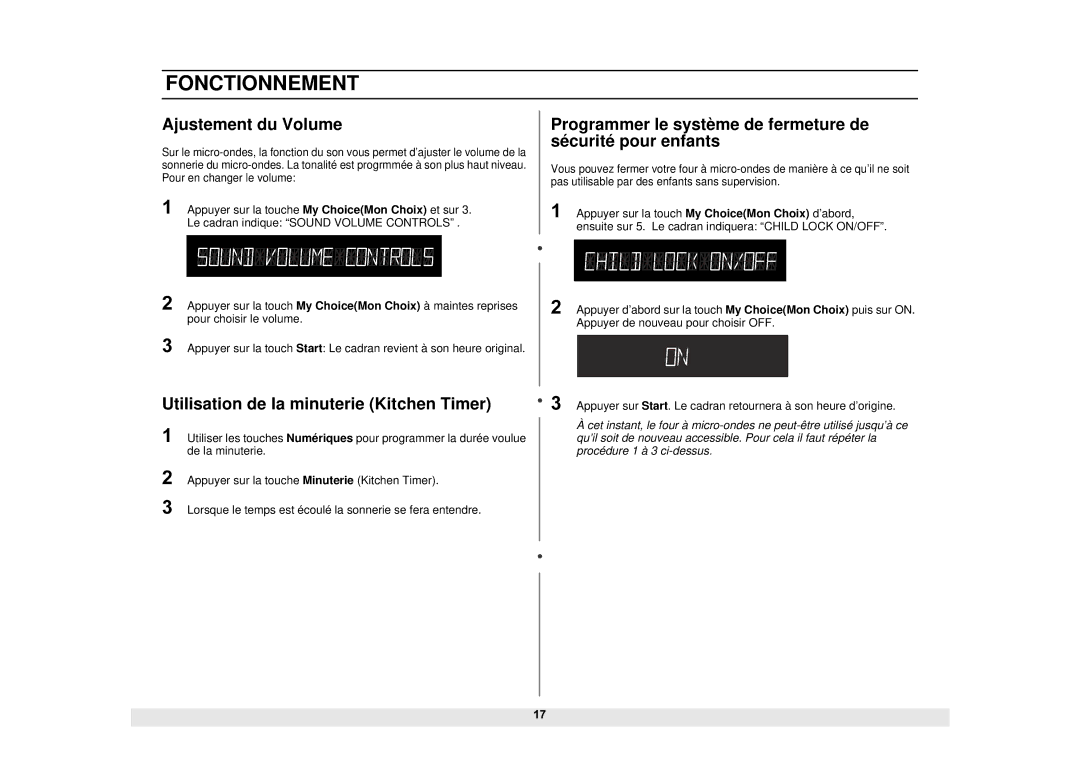 Samsung DE68-02065A, MS1690STA manual Ajustement du Volume, Programmer le système de fermeture de sécurité pour enfants 