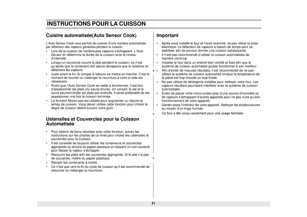 Samsung DE68-02065A, MS1690STA Cuisine automatiséeAuto Sensor Cook, Ustensiles et Couvercles pour la Cuisson Automatisée 