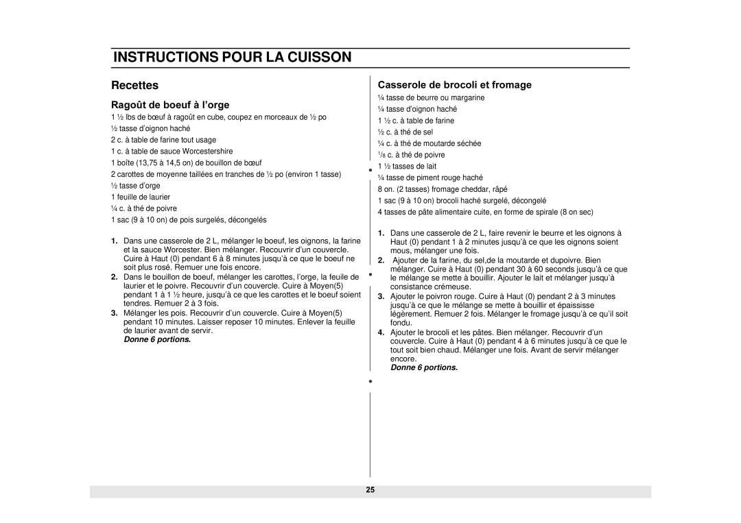 Samsung DE68-02065A, MS1690STA manual Recettes, Ragoût de boeuf à l’orge, Casserole de brocoli et fromage 