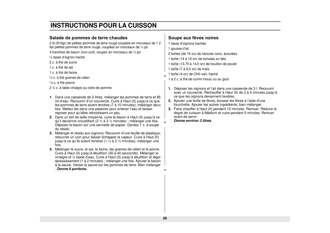 Samsung MS1690STA, DE68-02065A manual Salade de pommes de terre chaudes, Soupe aux fèves noires 