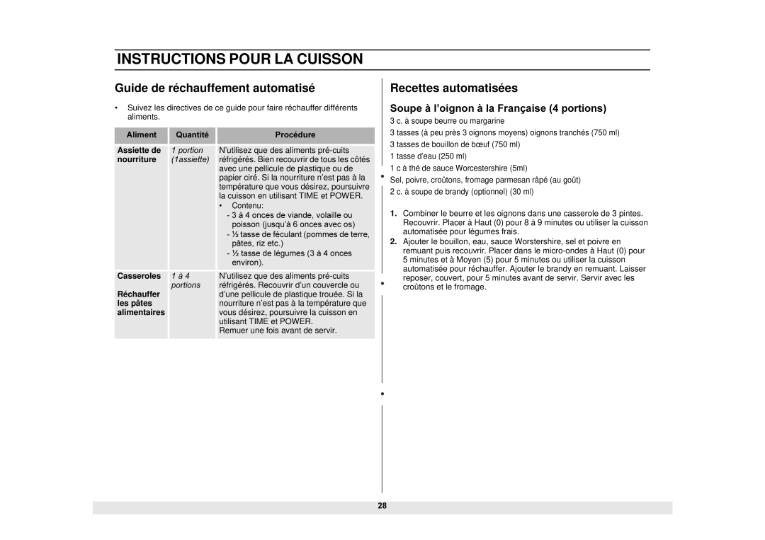 Samsung MS1690STA Guide de réchauffement automatisé, Recettes automatisées, Soupe à l’oignon à la Française 4 portions 