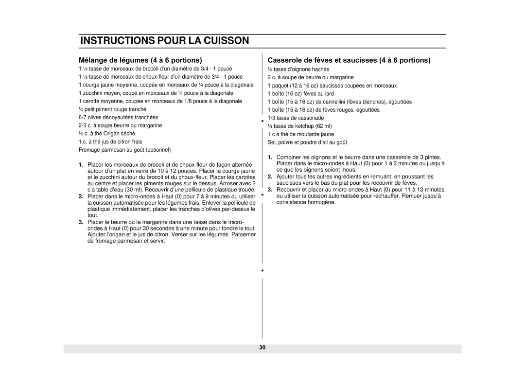 Samsung MS1690STA, DE68-02065A manual Mélange de légumes 4 à 6 portions, Casserole de fèves et saucisses 4 à 6 portions 