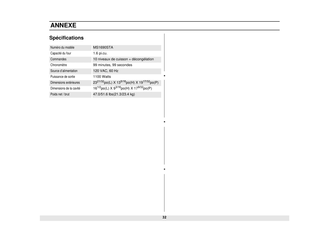 Samsung MS1690STA, DE68-02065A manual Annexe, Spécifications 