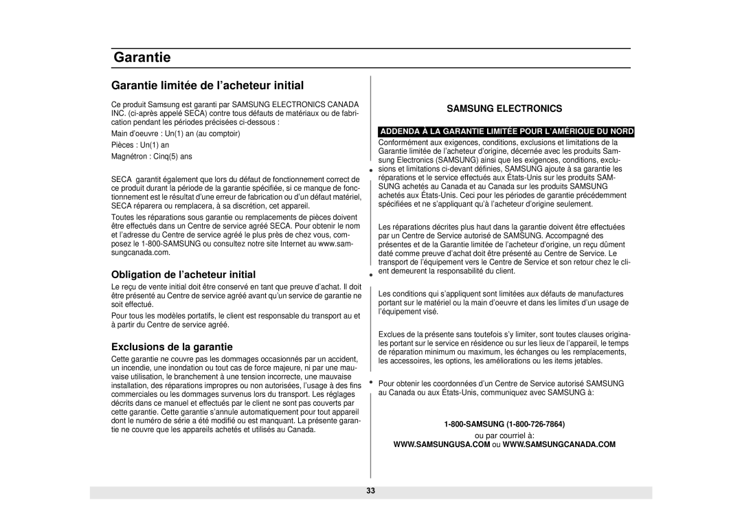 Samsung DE68-02065A Garantie limitée de l’acheteur initial, Obligation de l’acheteur initial, Exclusions de la garantie 