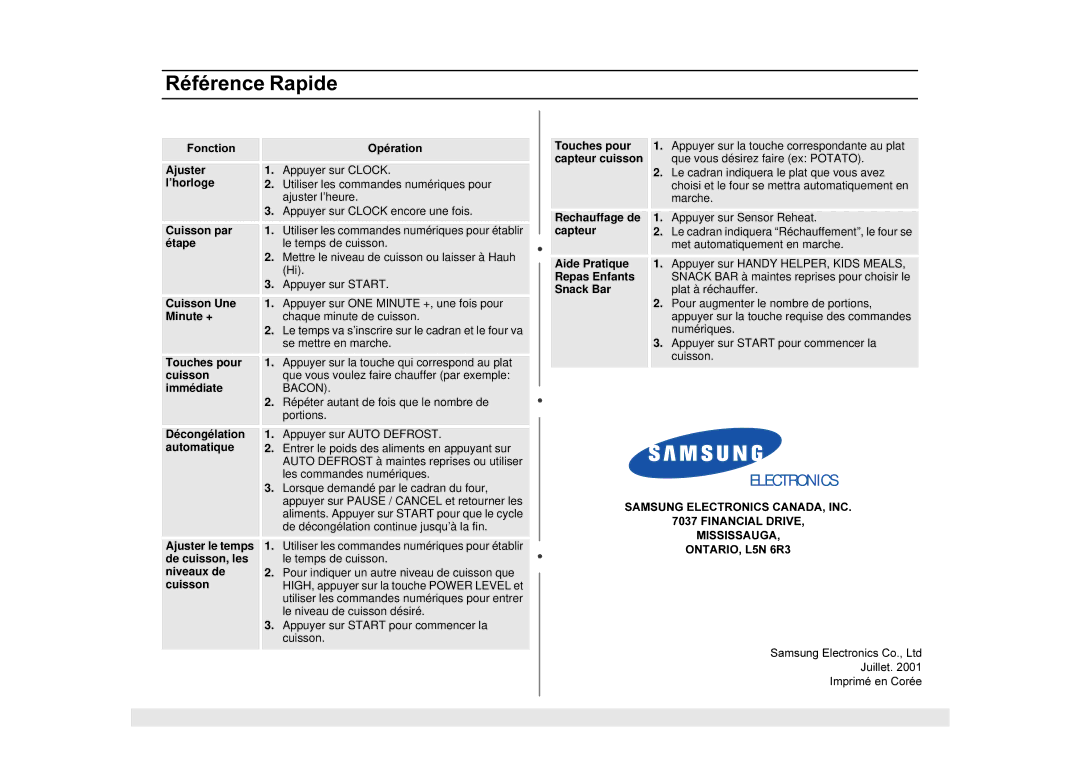 Samsung MS1690STA Ajuster, ’horloge, Cuisson par, Étape, Cuisson Une, Minute +, Touches pour, Immédiate, Décongélation 