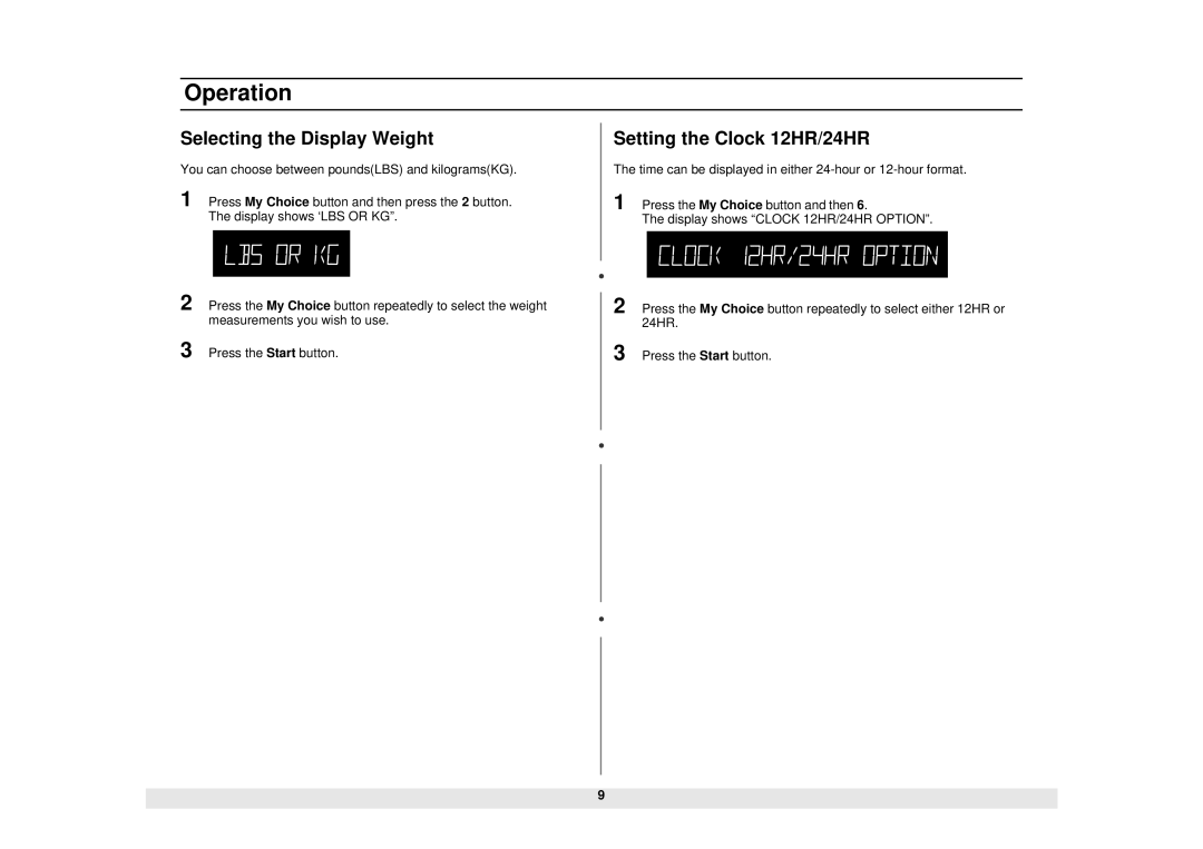 Samsung DE68-02065A, MS1690STA manual Selecting the Display Weight, Setting the Clock 12HR/24HR 