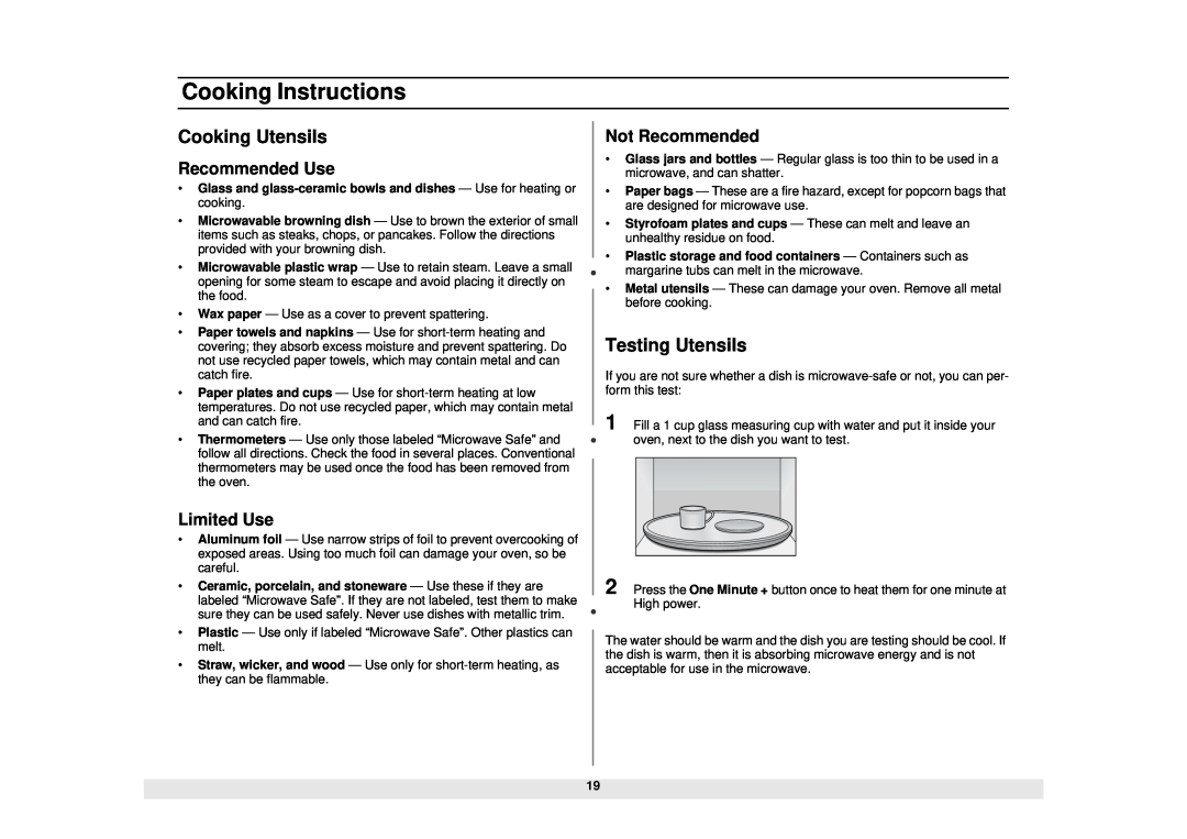 Samsung DE68-02065A, MS1690STA manual Cooking Instructions, Cooking Utensils, Testing Utensils, Recommended Use, Limited Use 