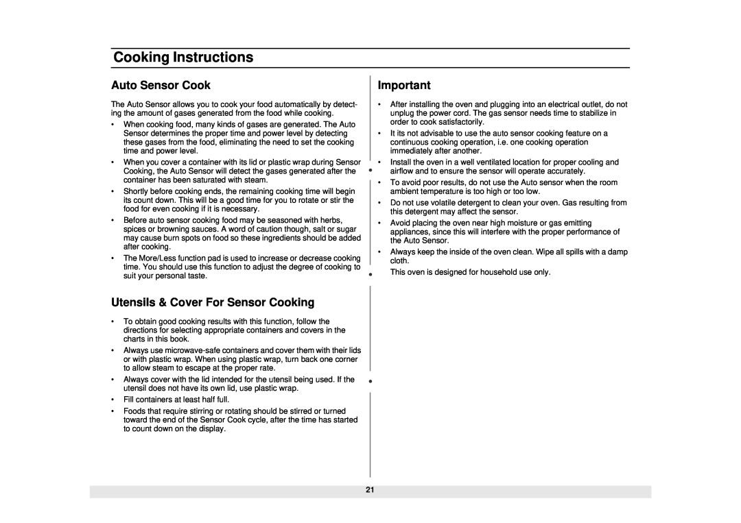 Samsung DE68-02065A, MS1690STA manual Auto Sensor Cook, Utensils & Cover For Sensor Cooking, Cooking Instructions 