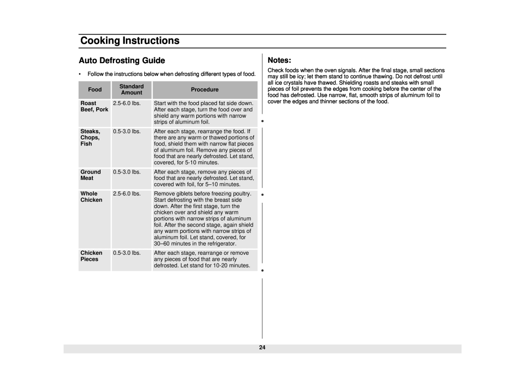 Samsung MS1690STA, DE68-02065A manual Auto Defrosting Guide, Cooking Instructions, there are any warm or thawed portions of 