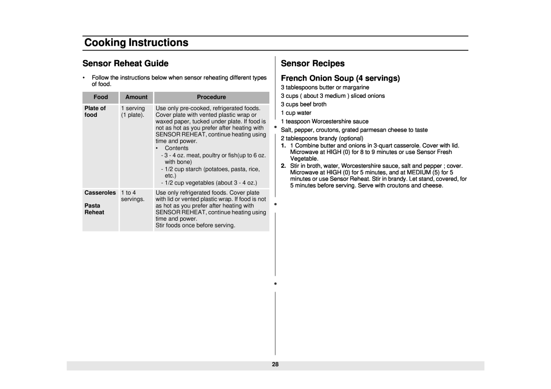 Samsung MS1690STA, DE68-02065A Sensor Reheat Guide, Sensor Recipes, French Onion Soup 4 servings, Cooking Instructions 