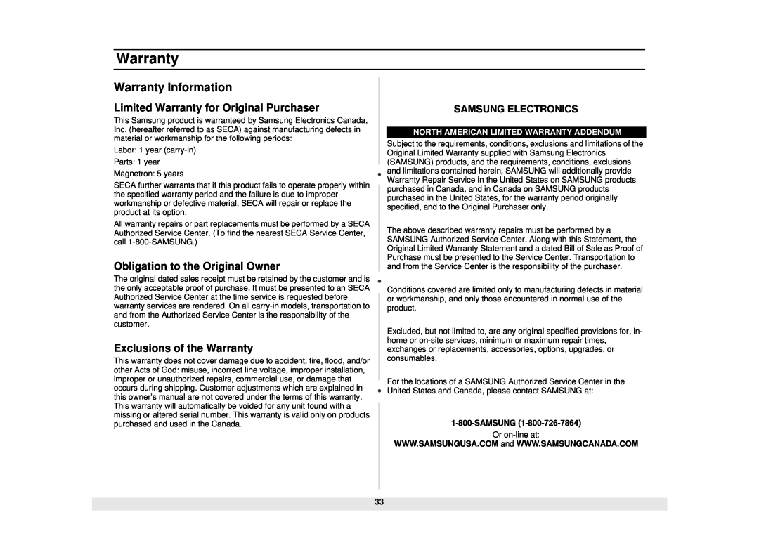 Samsung DE68-02065A Warranty Information, Limited Warranty for Original Purchaser, Obligation to the Original Owner 