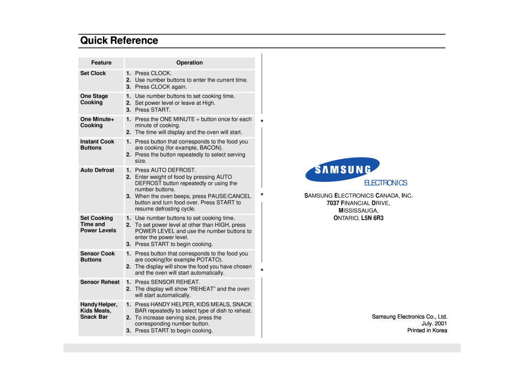 Samsung MS1690STA, DE68-02065A manual Quick Reference, Electronics 
