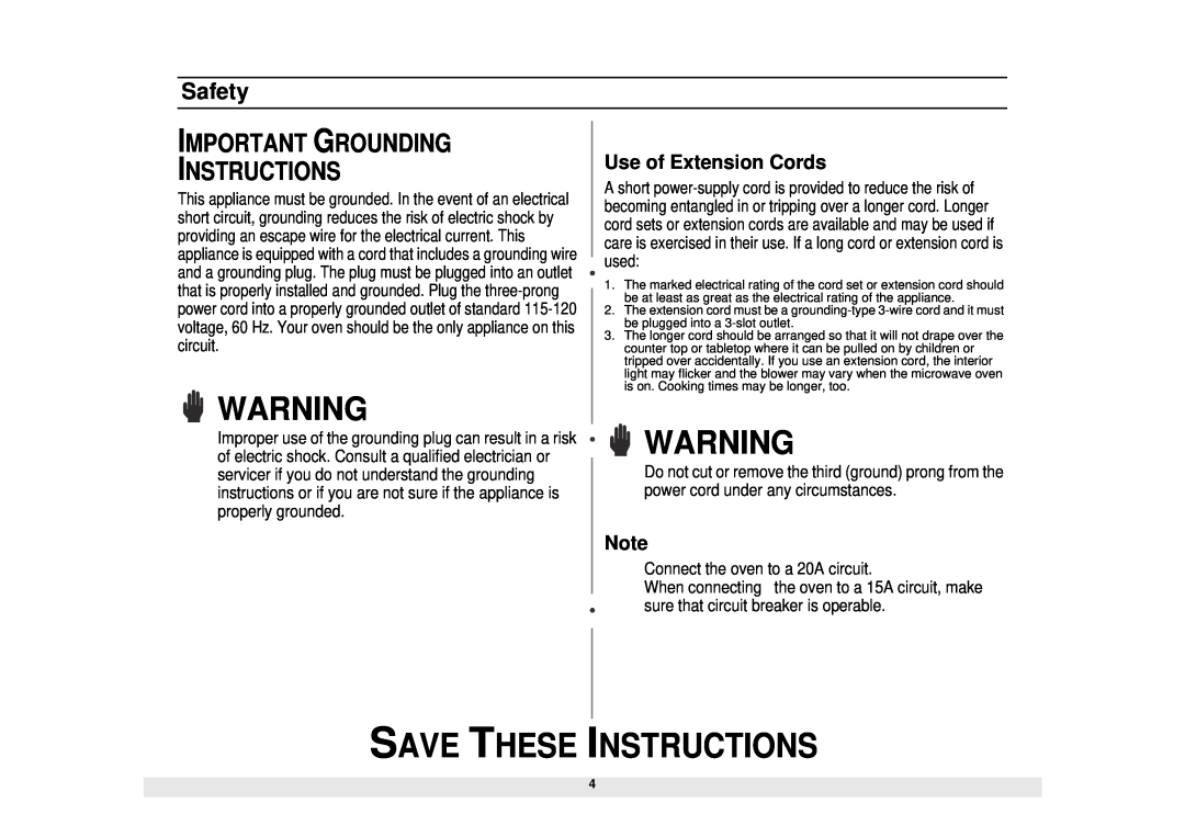 Samsung MS1690STA, DE68-02065A Important Grounding Instructions, Use of Extension Cords, Save These Instructions, Safety 