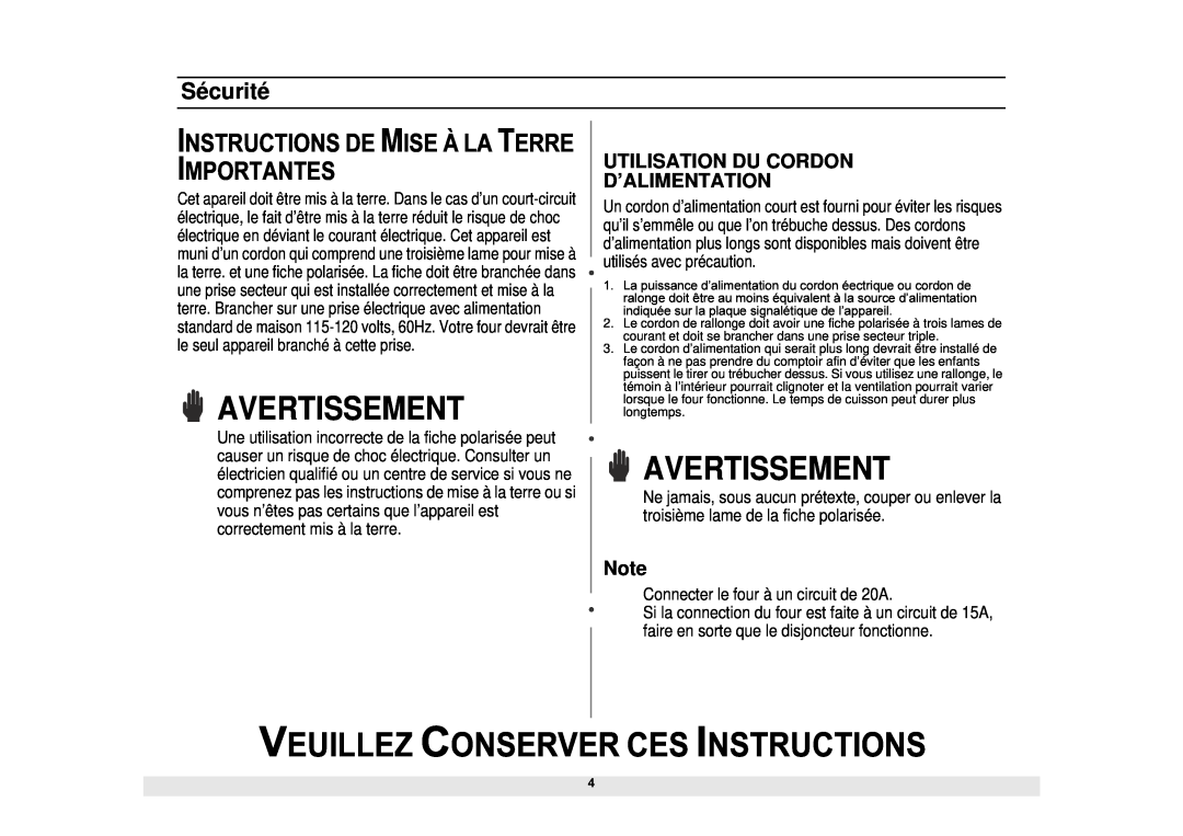 Samsung MS1690STA manual Instructions De Mise À La Terre Importantes, Utilisation Du Cordon D’Alimentation, Avertissement 