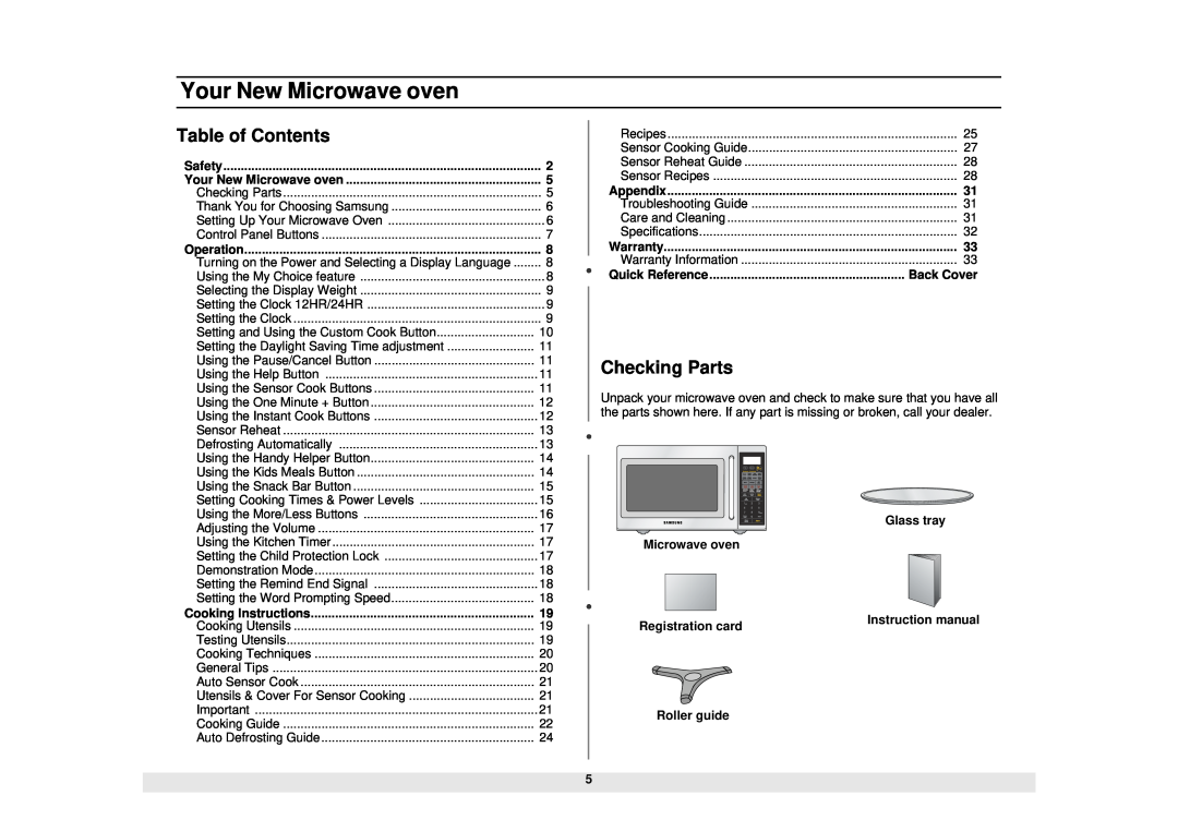 Samsung DE68-02065A, MS1690STA manual Your New Microwave oven, Table of Contents, Checking Parts 
