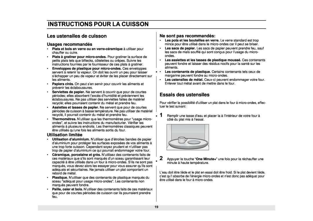 Samsung DE68-02065A, MS1690STA manual Instructions Pour La Cuisson, Les ustensiles de cuisson, Essais des ustensiles 