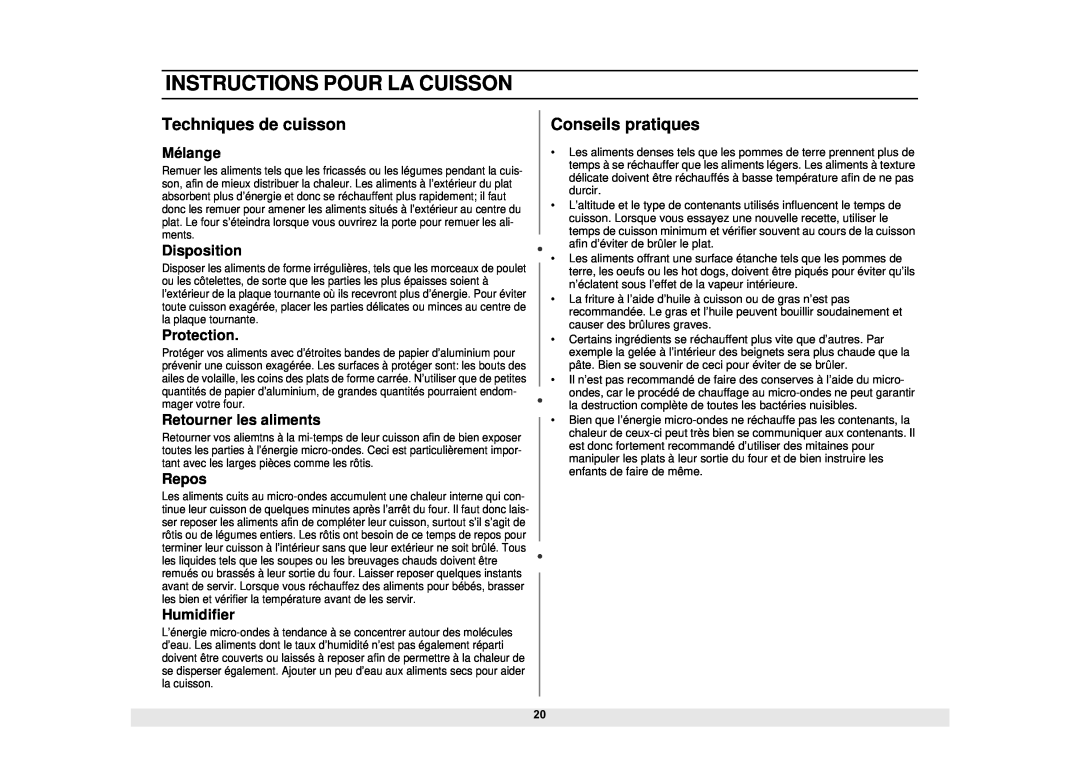 Samsung MS1690STA, DE68-02065A manual Instructions Pour La Cuisson, Techniques de cuisson, Conseils pratiques 