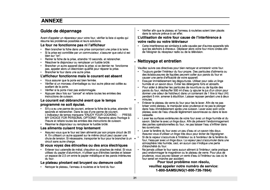 Samsung DE68-02065A, MS1690STA manual Annexe, Guide de dépannage, Nettoyage et entretien, Pour tout problème non résolu 