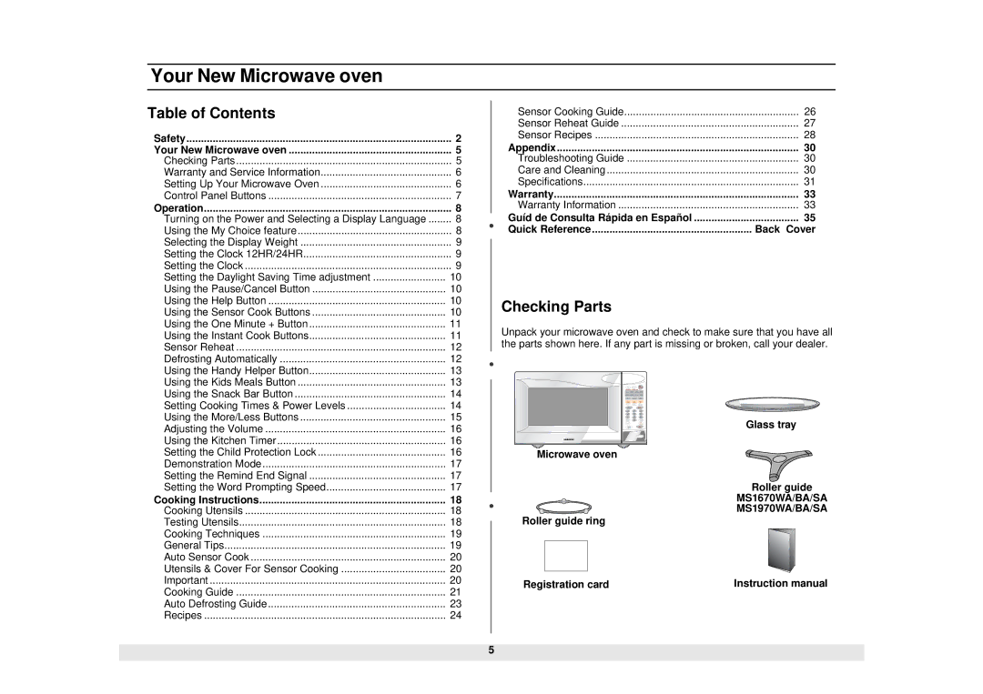 Samsung MS1070SA, MS1970SA, MS1970BA, MS1970WA, MS1270WA, MS1270BA Your New Microwave oven, Table of Contents, Checking Parts 