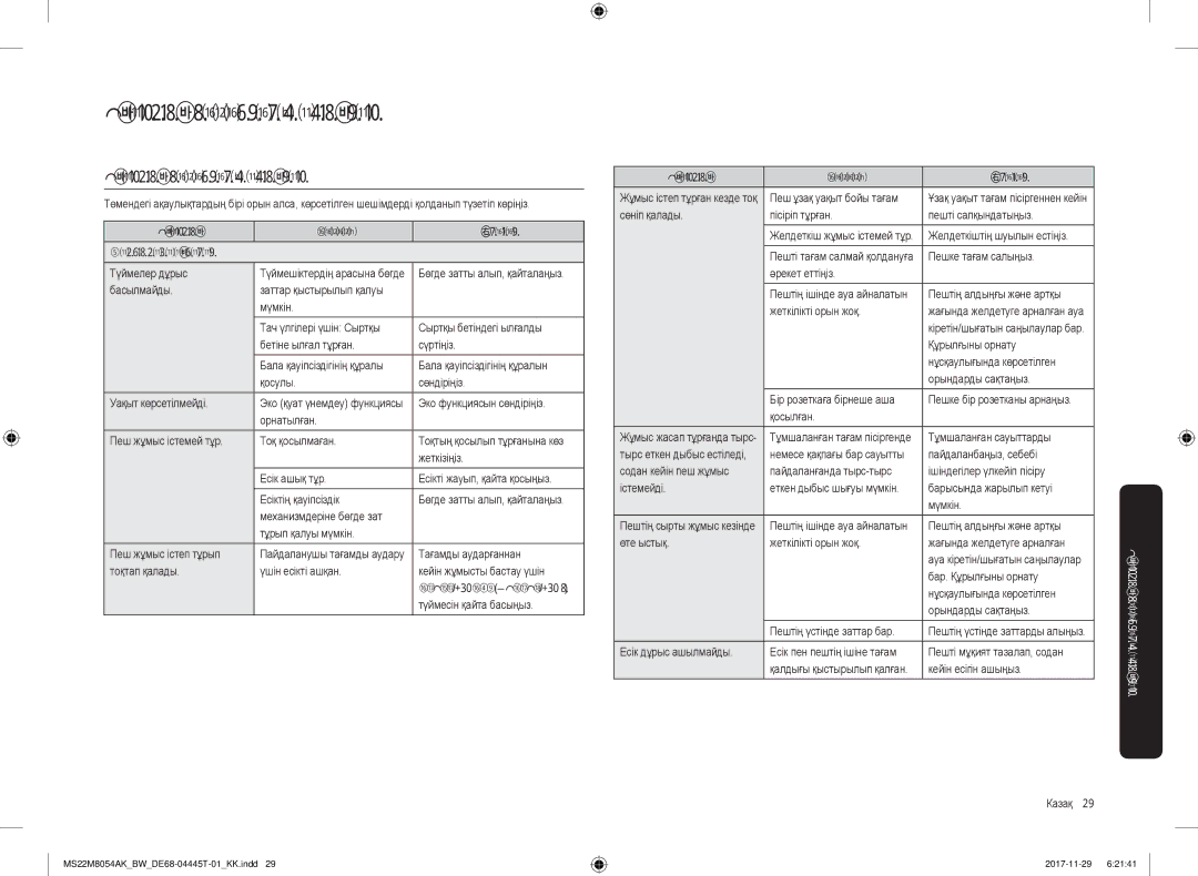 Samsung MS22M8054AW/BW, MS22M8054AK/BW manual Ақаулық себептерін анықтау, Ақаулық Себебі Әрекет Жалпылама ақпарат 