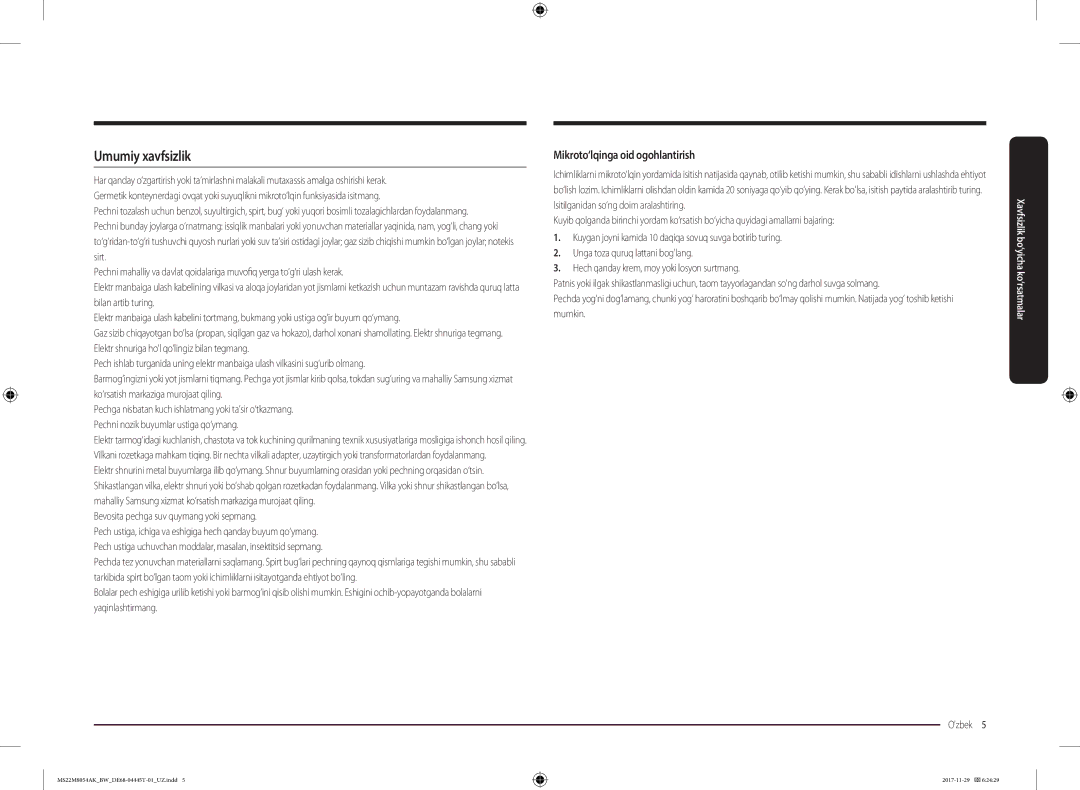 Samsung MS22M8054AW/BW manual Umumiy xavfsizlik, Mikroto‘lqinga oid ogohlantirish, Bevosita pechga suv quymang yoki sepmang 