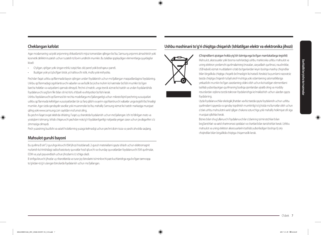 Samsung MS22M8054AW/BW, MS22M8054AK/BW manual Cheklangan kafolat, Mahsulot guruhi bayoni 