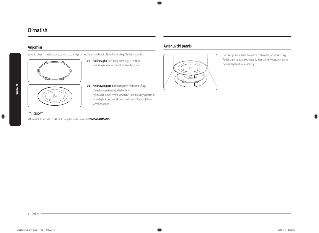 Samsung MS22M8054AK/BW, MS22M8054AW/BW manual ‘rnatish, Anjomlar Aylanuvchi patnis, Diqqat 