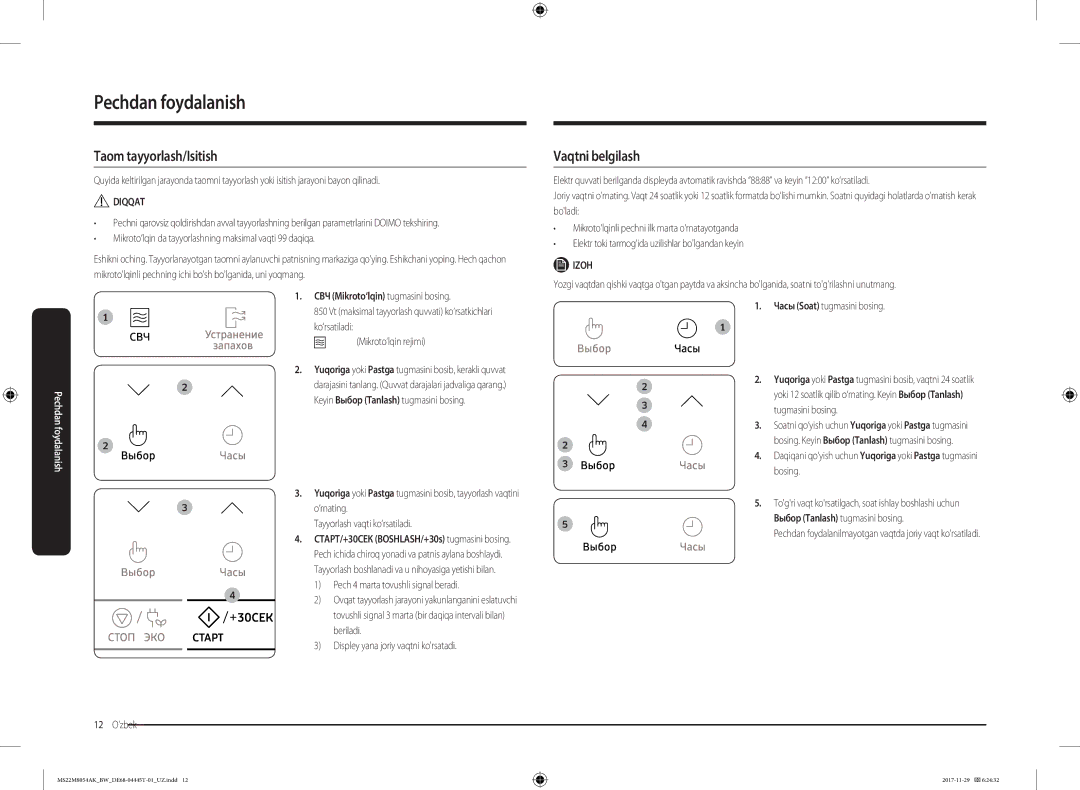 Samsung MS22M8054AK/BW, MS22M8054AW/BW manual Taom tayyorlash/Isitish, Vaqtni belgilash, СВЧ Mikroto‘lqin tugmasini bosing 