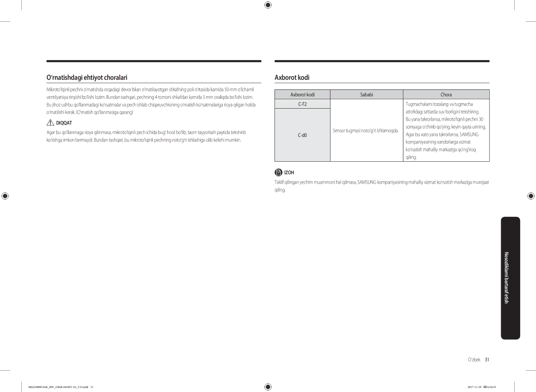 Samsung MS22M8054AW/BW, MS22M8054AK/BW manual ‘rnatishdagi ehtiyot choralari, Axborot kodi Sababi Chora, Qiling 