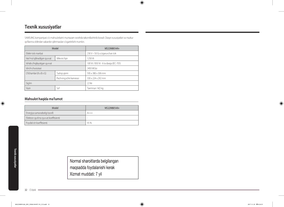 Samsung MS22M8054AK/BW, MS22M8054AW/BW manual Texnik xususiyatlar, Mahsulot haqida ma’lumot 