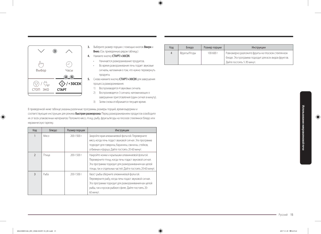 Samsung MS22M8054AW/BW, MS22M8054AK/BW manual Код Блюдо, Инструкции, Мясо, Птица, Рыба, 60 минут, Дайте постоять 5-30 минут 