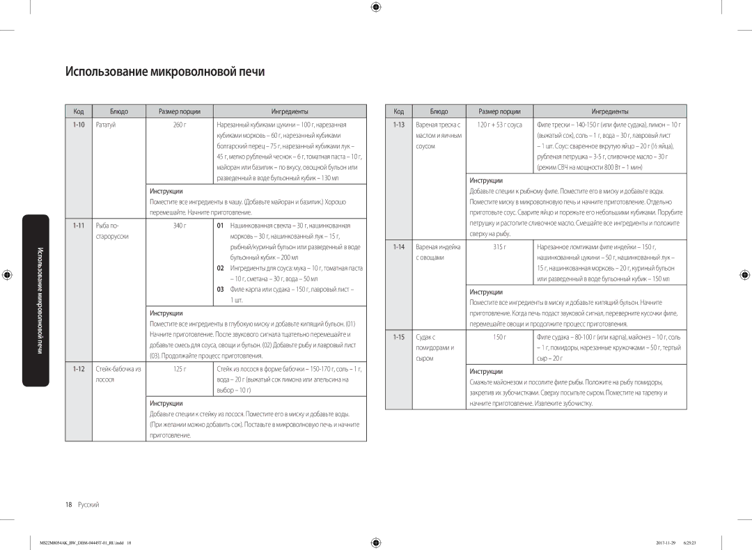 Samsung MS22M8054AK/BW Код Блюдо Размер порции Ингредиенты Рататуй, Перемешайте. Начните приготовление, Старорусски, 125 г 