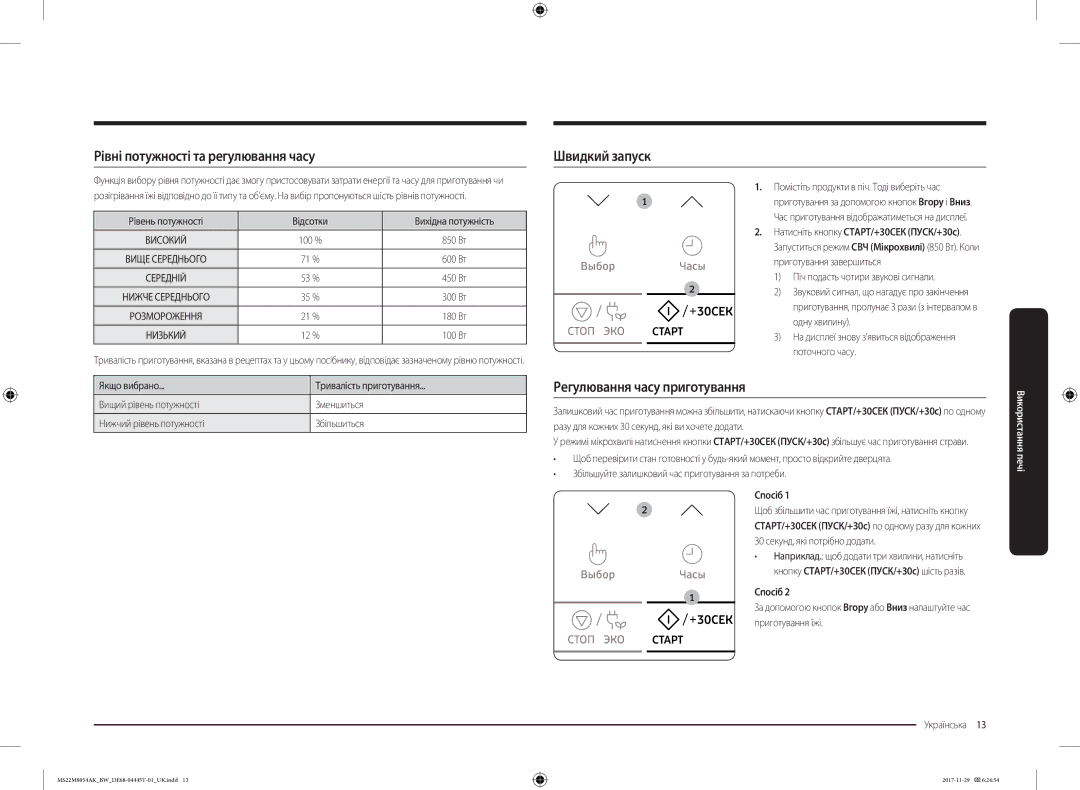 Samsung MS22M8054AW/BW manual Рівні потужності та регулювання часу, Швидкий запуск, Регулювання часу приготування, Спосіб 